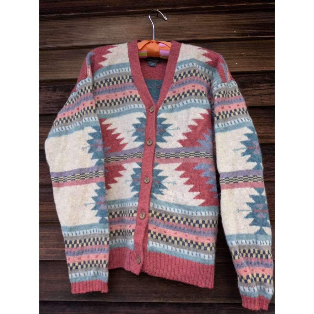Vintage 90s Wool Woolrich Aztec Southwestern Tribal Cardigan Fair Isle Medium